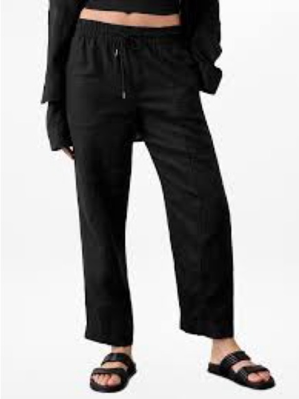 Athleta Black Linen Wide Leg Pants Size M/P Pull-On Drawstring Casual
